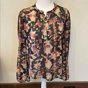 Lily White Chic Multicolor long sleeve sheer Abstract Blouse Size M EUC